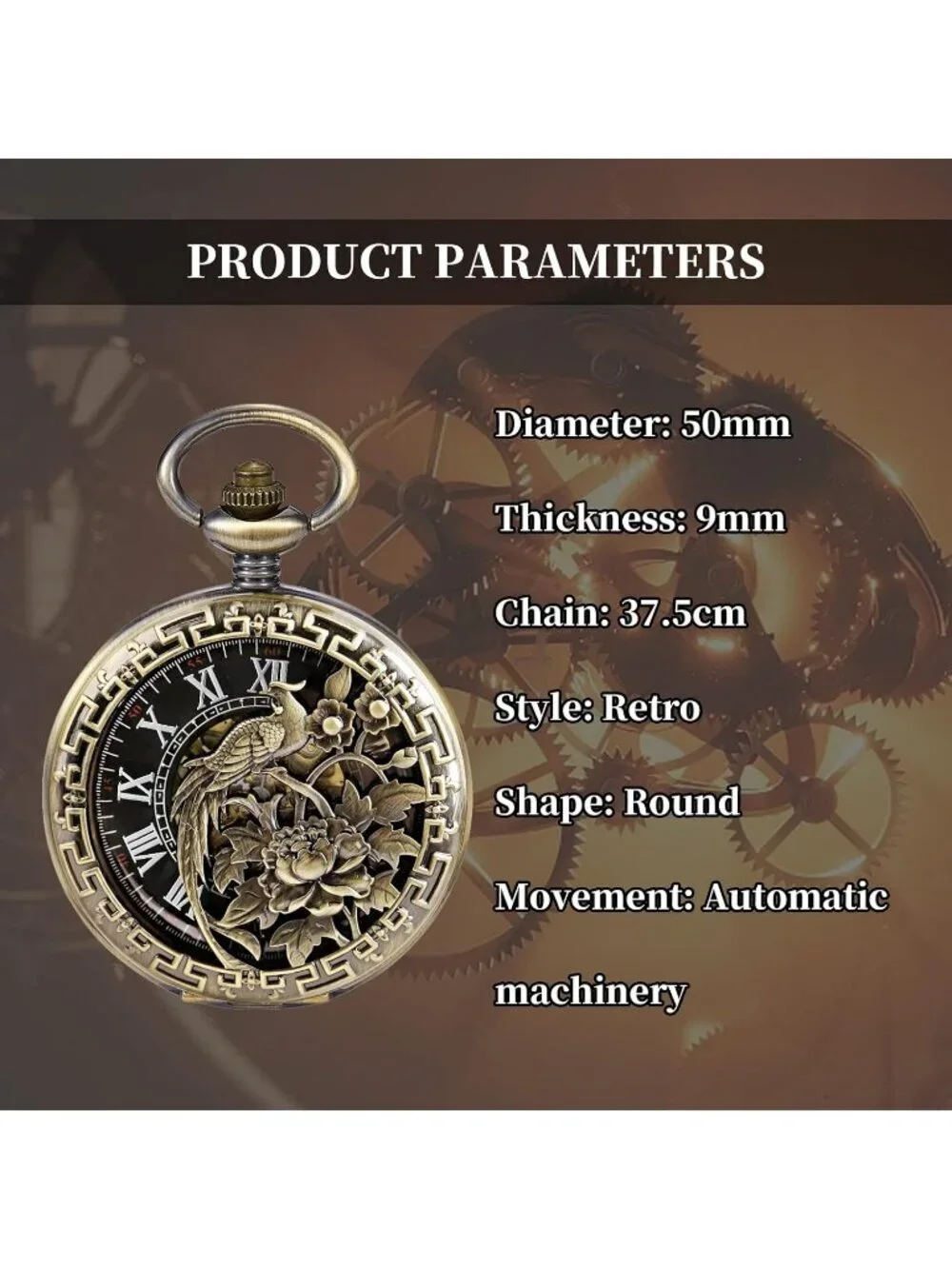Men's Gold Bronze Bird Skeleton Roman Numerals Hollow Mechanical Pocket Watch